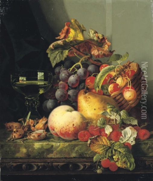 Still Life With Cob Nuts, Black Grapes Oil Painting - Edward Ladell