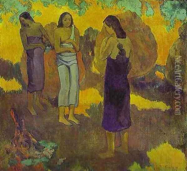 Three Tahitian Women Against A Yellow Background Oil Painting - Paul Gauguin