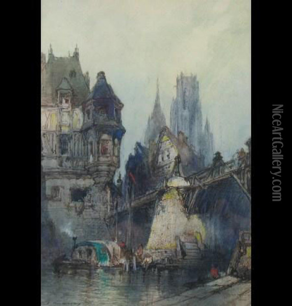 Continental Townscape With River Oil Painting - Paul Marny
