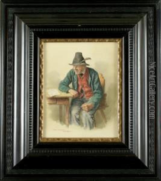 Bayrischer Landsmann Am Tisch Sitzend Mit Einem Briefvor Sich Oil Painting - Peter I Kramer