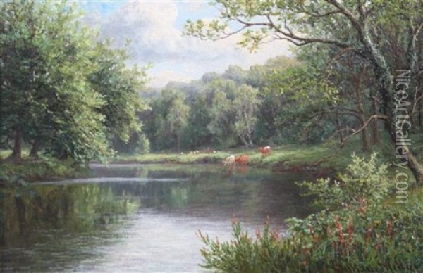 River Landscape With Cattle Watering Oil Painting - William Mellor