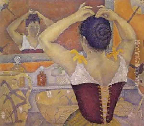 Woman at her toilette wearing a purple corset, 1893 Oil Painting - Paul Signac
