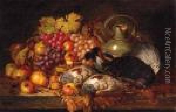 Grapes, Apples, Pears, Dead Game, A Wicker Basket And Stonewarejug, On A Wooden Ledge Oil Painting - Charles Thomas Bale