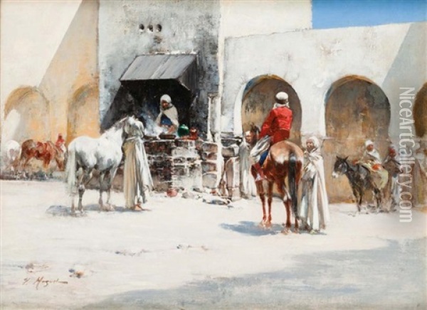 Cavaliers Sur La Place Du Village Oil Painting - Victor Pierre Huguet