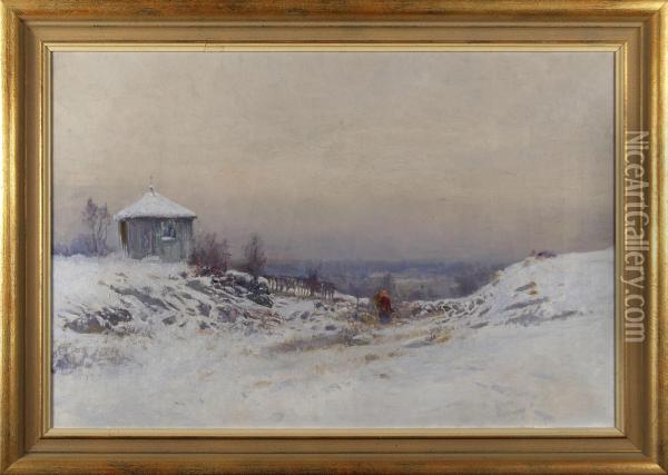 Vinterlandskap I Skymning Oil Painting - Johan Kindborg