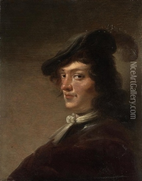 Portrait Of A Man,in A Brown Coat, And A Black Hat With A Feather Oil Painting - Jan Olis