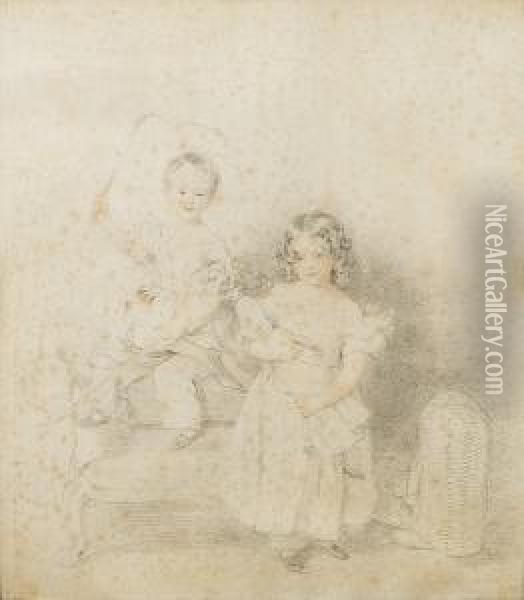 A Boy And A Girl; He Wearing 
Dress With Sashed Waist And Puffed Sleeves, Pantalettes And 
Ankle-strapped Shoes, Standing In An Armchair With A Riding Crop In His 
Raised Right Hand; She Wearing Dress With Puffed And Frilled Sleeves, 
Pantalettes And  Oil Painting - William Charles Ross