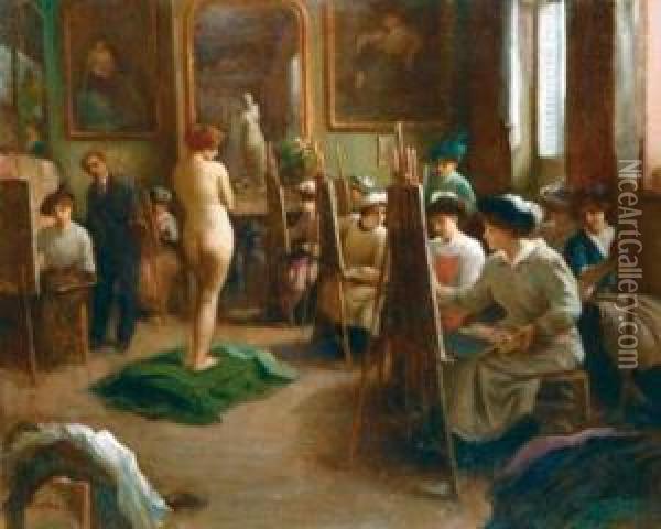 Le Cours De Peinture. Oil Painting - Hermann Delpech