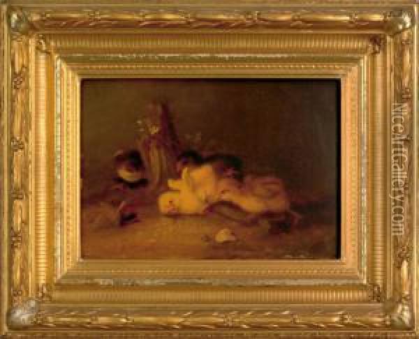 Four Chicks Attacking An Insect With Pincers Oil Painting - Mary Russell Smith