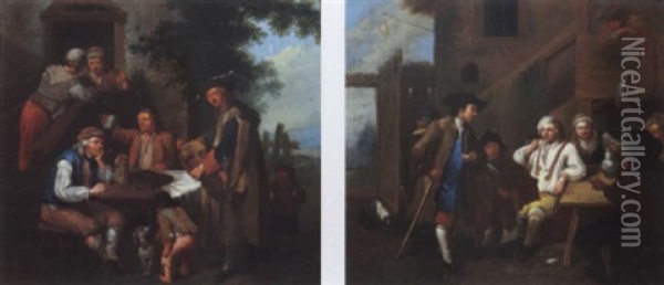 Peasants Smoking And Drinking Outside The An Inn; A Musician Standing Nearby Smoking And Resting Peasants Outside An Inn Oil Painting - Johann Conrad Seekatz