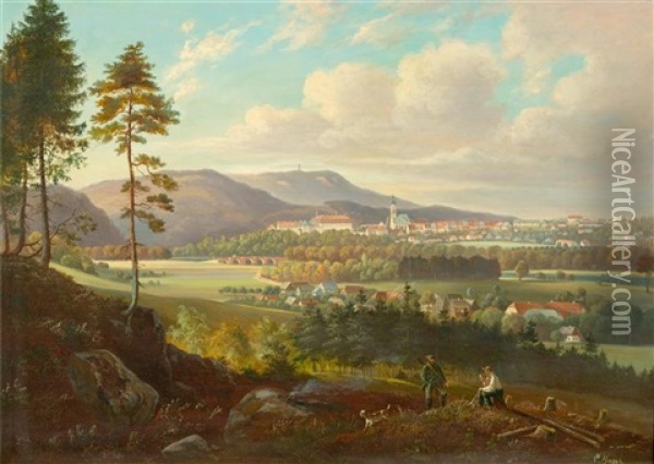Woodsman Resting, With A View Of A Town In The Background (probably Baden Bei Wien) Oil Painting - Carl Hasch