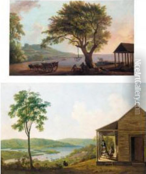 Unloading Cargo By The Shore, At Port Morant, Jamaica; And Two Gentlemen Surveying Their Estate In Jamaica Oil Painting - George Robertson
