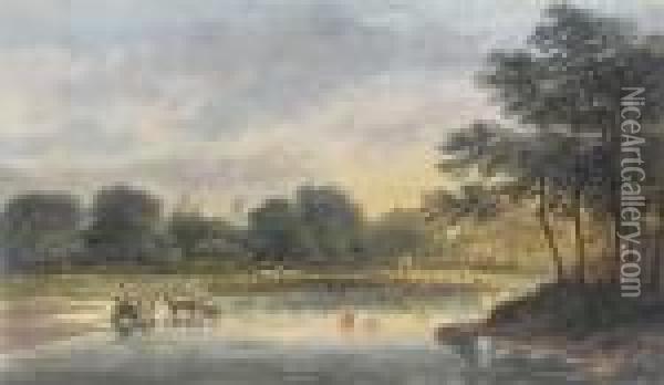Bathers In A Heathland Pond Oil Painting - John Glover