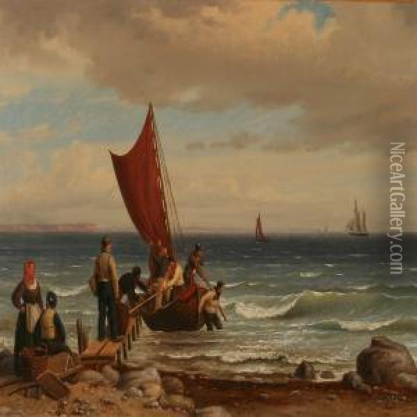 Coastal Scene With Fishermen Who Gets The Caught On Land Oil Painting - Peter Johann Raadsig