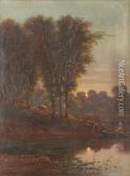 Trappers Launching A Boat At Dusk Oil Painting - William Raphael