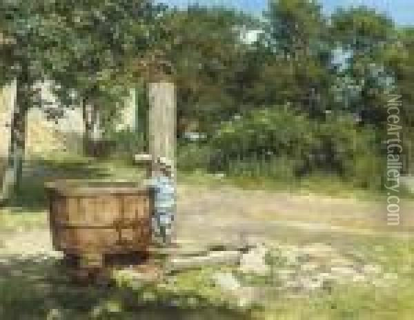 A Child Playing At A Water Pump Oil Painting - Otto Bache