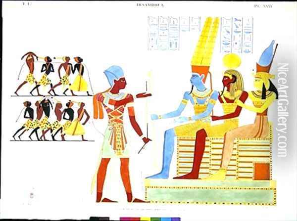 A Pharaoh in military costume offers a group of prisoners to the Gods l to r Amon Khonsu and Mut Oil Painting - Jean Francois Champollion