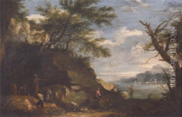 A Rocky Wooded Landscape With Figures On An Outcrop, A View To A Lake Beyond Oil Painting - Andrea Locatelli