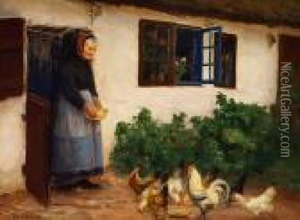 H. A. Brendekilde: An Old Woman Is Feeding Her Chicken In Front Of A White House Oil Painting - Hans Anderson Brendekilde