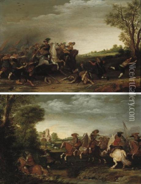 A Cavalry Skirmish Near A Bridge And; A Cavalry Skirmish Near A River Oil Painting - Pieter de Neyn