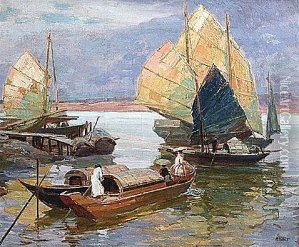 Bateaux Sur Le Fleuve Rouge, Hanoi Oil Painting - Henri Emile Vollet