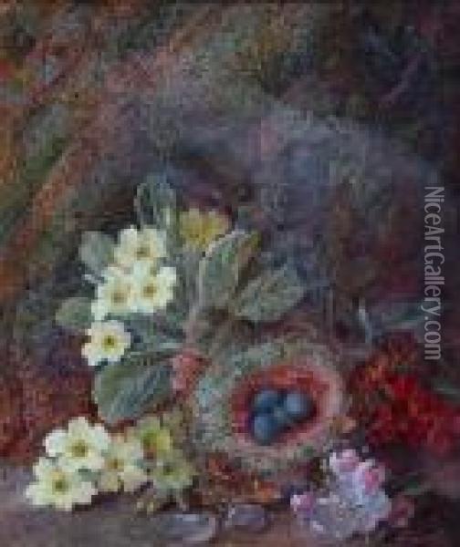Primroses And Further Flowers On
 A Mossy Bank And Plums And An Upturned Basket Of Grapes On A Mossy Bank Oil Painting - Vincent Clare