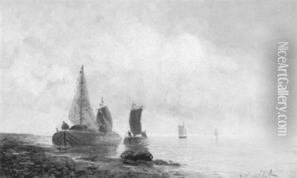 Anlandende Fischerboote Am Hollandischen Strand Oil Painting - Johann Jungblut