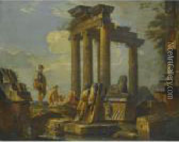 A Capriccio Of Classical Ruins, A
 Sarcophagus And A Temple Withwith A Soldier And Other Reclining 
Figures. Oil Painting - Giovanni Niccolo Servandoni