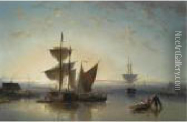 Moored Sailing Vessels, A Town In The Background Oil Painting - Nicolaas Riegen
