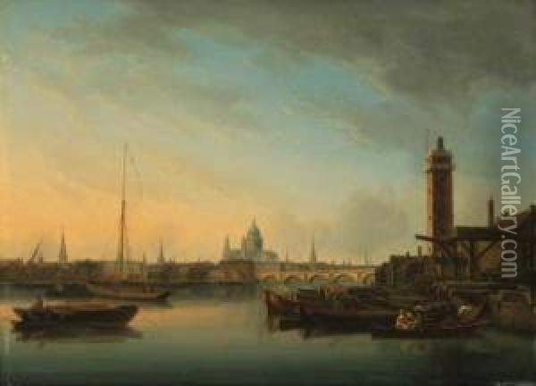 View Across The River Thames 
With A Timber Yard In The Foregroundand St. Paul's Cathedral Beyond Oil Painting - William Anderson