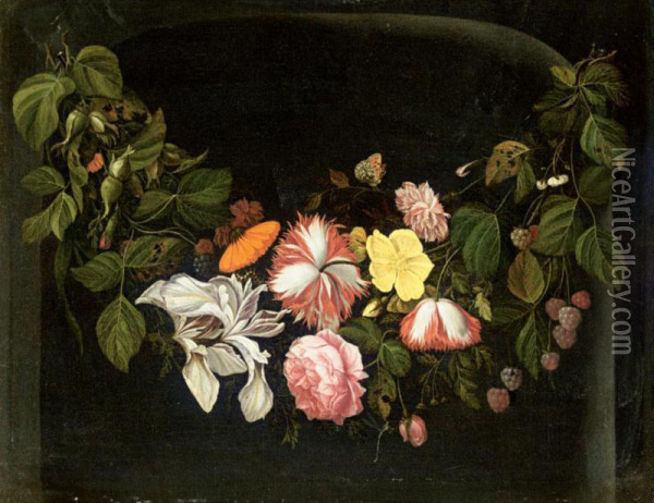 Still Life Of Flowers With A Branch Of Loganberries, A Butterly And A Dragonfly Oil Painting - Regnier de La Haye