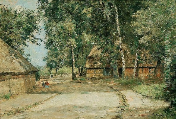 Dorfstrase Mit Gehoften Und Birken Oil Painting - Rudolf Hoeckner