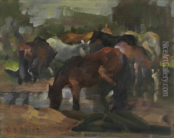 Horses At Watering Hole (also Group Of Horses) Oil Painting - Clayton S. Price