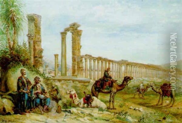 Halte Devant Les Ruines De Palmyre Oil Painting - Georg Macco