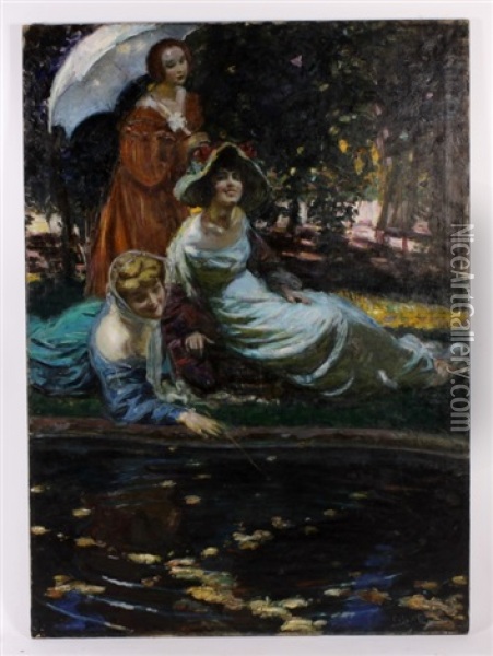 Three Women At A Summer Garden Pond Oil Painting - Louis Mark
