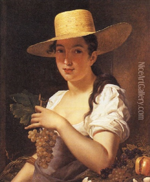 Portrait De Jeune Fille Au Chapeau De Paille Et A La Grappe De Raisin Oil Painting - Claude Marie Dubufe