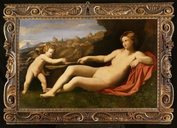 Venere E Amore Oil Painting - Palma Vecchio (Jacopo Negretti)