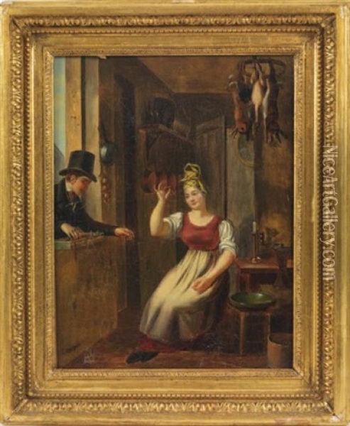 Colporteur A La Fenetre Et Jeune Femme A La Robe Rouge Dans Une Cuisine Oil Painting - Martin Droelling
