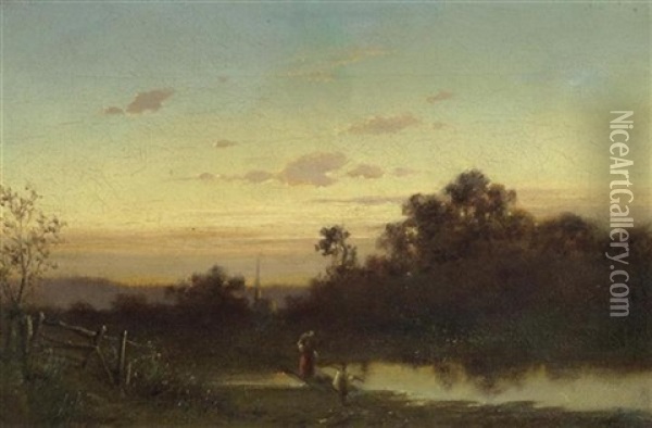 Flusslandschaft Mit Figuren Im Abendrot Oil Painting - Adolf Heinrich Lier