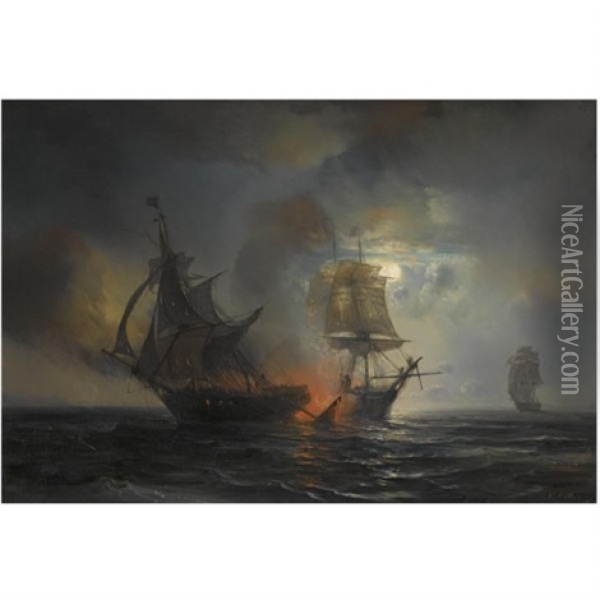Sea Battle By Night Oil Painting - Baron Jean Antoine Theodore Gudin
