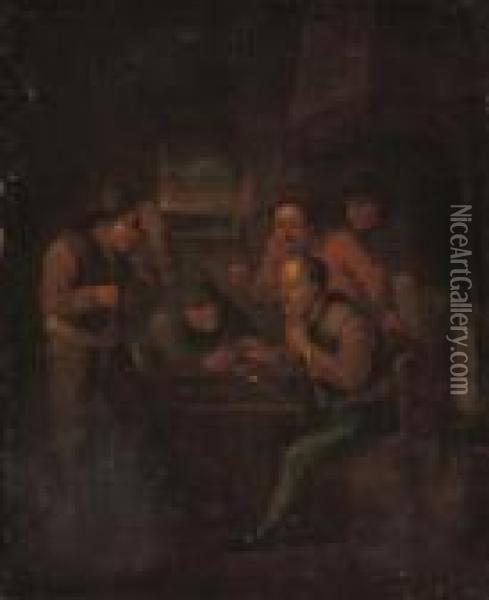 Boors Playing A Game In An Interior Oil Painting - Maarten Van Heemskerck