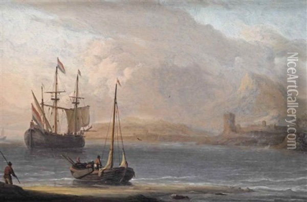 A Mediterranean Coast With A Dutch Three-master And A Fishing Boat Oil Painting - Aernout (Johann Arnold) Smit