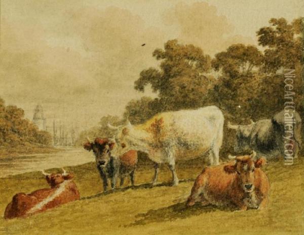 Cattle By A River Oil Painting - Robert Hills