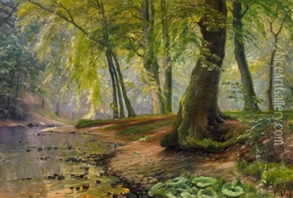 Ved Aaen I Skoven Ved Lellinge. Im Wald Bei Lellinge (sudl. Von Kopenhagen) Oil Painting - Johannes Boesen