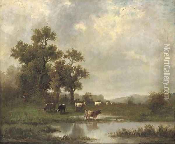 Cows in a meadow Oil Painting - Jules Dupre