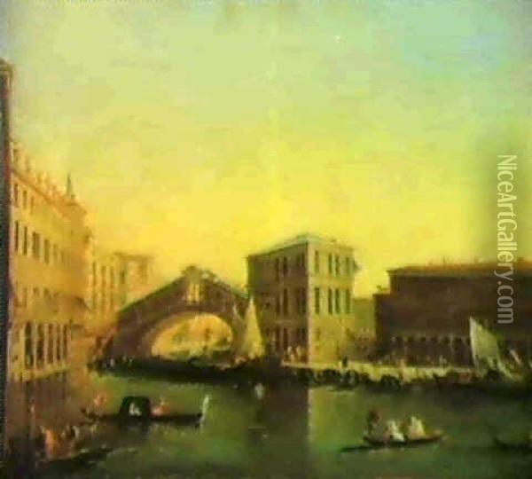 Venice, A View Of The Rialto Bridge....... Oil Painting - Giuseppe Bernardino Bison