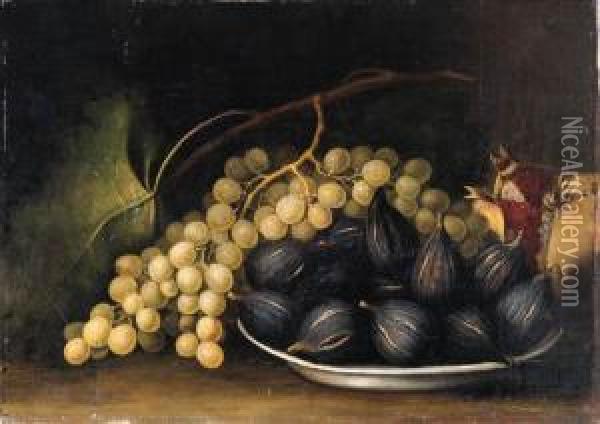 A Bunch Of White Grapes With Figs In A Shallow Bowl And An Open Pomegranate On A Ledge Oil Painting - Jose De Paez