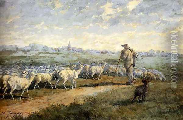 Landscape with a Flock of Sheep Oil Painting - Charles Emile Jacque