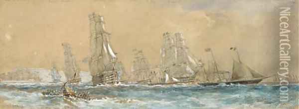 The Royal Yacht Victoria and Albert (II) leaving Cherbourg with her escorts, August 1858 Oil Painting - Sir Oswald Walters Brierly