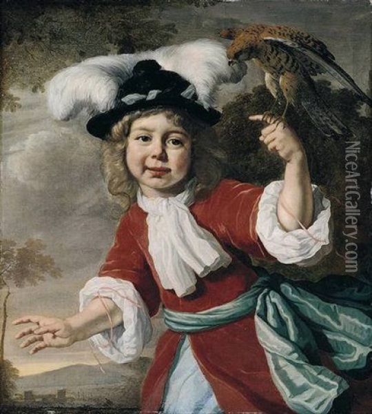 Portrait Of A Young Boy Wearing A Red Coat Tied With A Pale Blue Sash And A Feathered Hat, Holding A Kestrel, A Landscape Beyond Oil Painting - Bartholomeus Van Der Helst